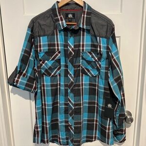 NEW Rock & Republic Blue Plaid Roll Tab  Sleeve Button Up Cowboy Western Size XL